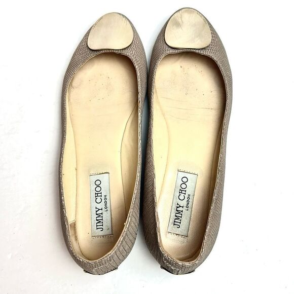 Jimmy Choo WRAY Ballet Flats Printed Leather Nude Gold Logo Medallion Italy US 7 - Picture 6 of 14